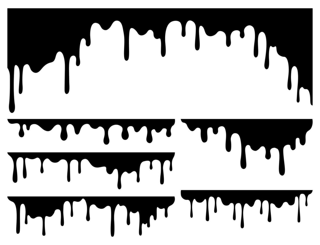schwarz tropft oder Laufen Flüssigkeit Banner Satz. Farbe tropft isoliert auf Weiß Hintergrund. geschmolzen Rand Sammlung im Karikatur eben Stil. vektor