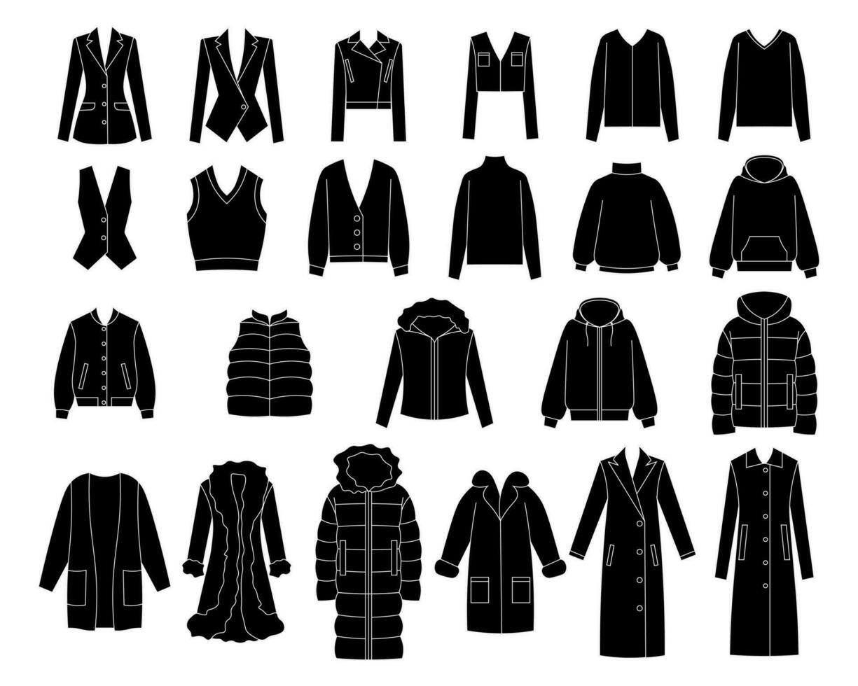 uppsättning av kläder tröja, jacka, täcka, Tröja, väst, ytterkläder, dunstoppad täcka, päls täcka vektor