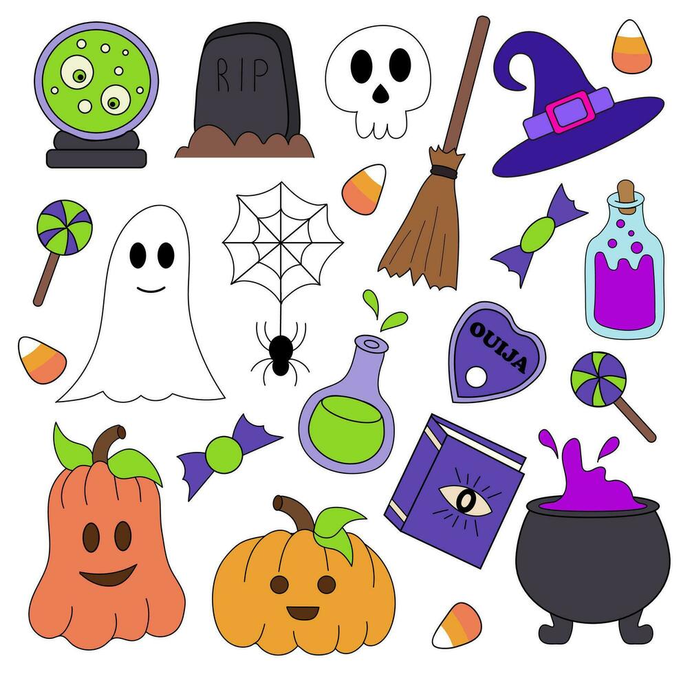 Halloween Elemente Satz. Vektor Illustration mit Kürbisse, Grabstein, Schädel, Geist, Hexe Hut, Kessel, Magie Buch, ouija Planke, Gift, Hexe buchstabieren Ball, Grabstein und usw.