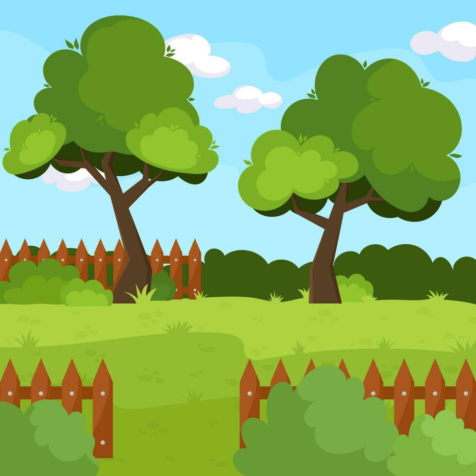 natur.bakgrund. illustration av en landskap med träd, grön gräs, blå himmel. bakgrund i tecknad serie stil. vektor
