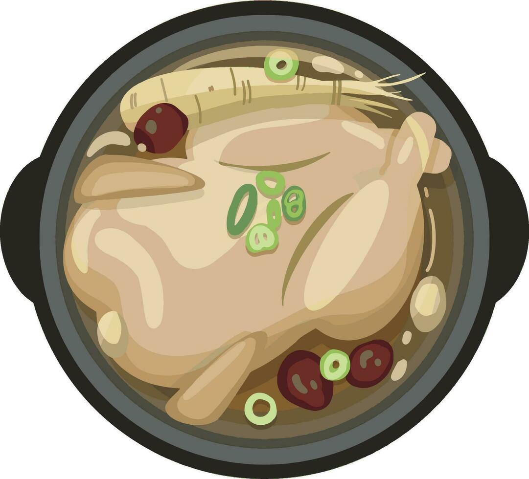 oben Aussicht Samgyetang , Koreanisch Ginseng Hähnchen Suppe Illustration Vektor