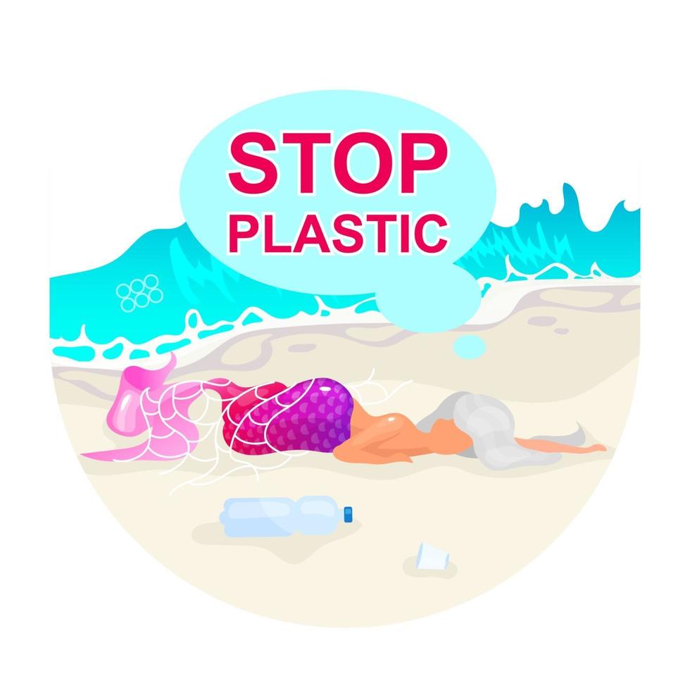 stoppa plastföroreningar i havet platt konceptikon. sjöjungfru fångad i fisknät. död fantasivarelse på stranden klistermärke, clipart. naturskador. isolerad tecknad illustration på vit bakgrund vektor