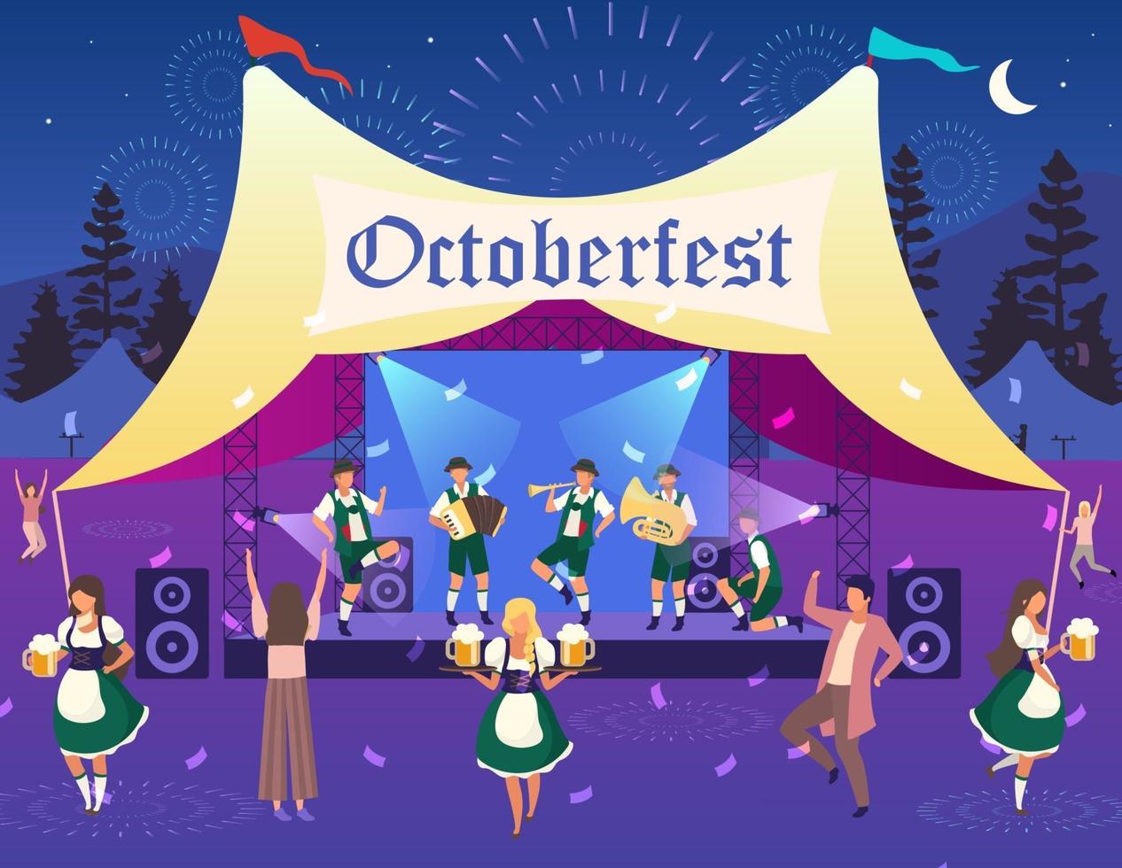 oktoberfest platt vektorillustration. folkföreställning, konsert i tält. ölfestival. musik och dans. människor i folkdräkter bär öl ha kul. volksfest servitris seriefigurer vektor