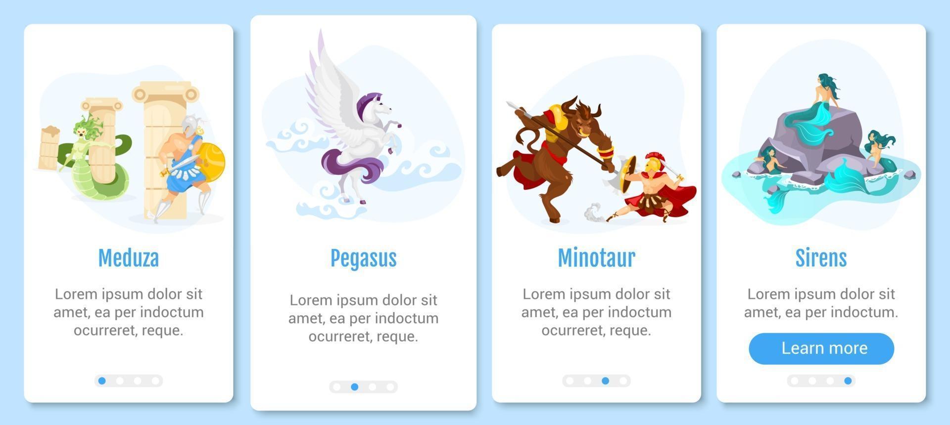 grekisk mytologi ombord mobilapp skärm vektor mall. mytologiska varelser och monster. genomgång webbplatssteg med platta karaktärer. ux, ui, gui smartphone tecknad gränssnittskoncept