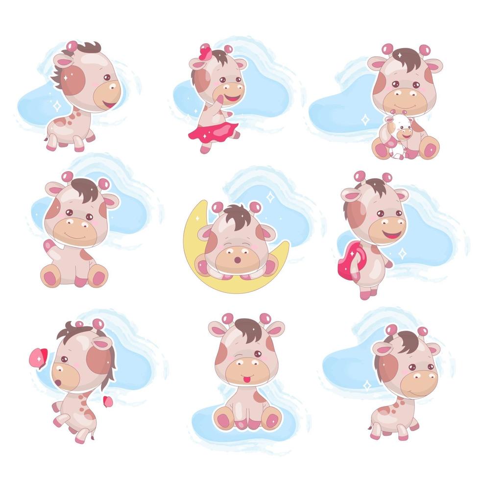 Süße Giraffe Kawaii Cartoon-Vektor-Zeichen gesetzt. entzückendes und lustiges Tier mit Wolken isolierter Aufkleber, Patch, Kinderbuchillustration. Anime glücklich und verspielt Baby Giraffe Emoji auf weißem Hintergrund vektor