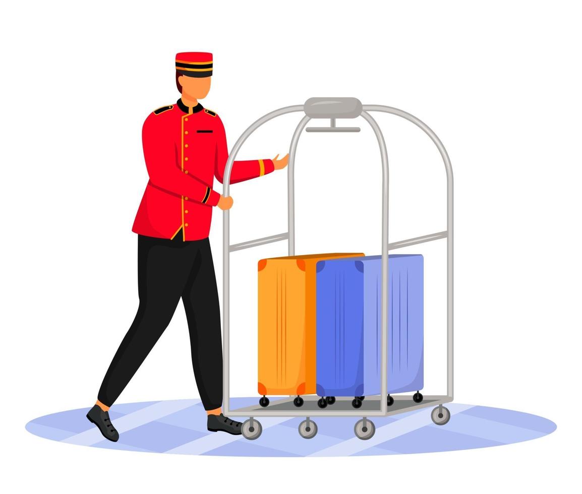 bellman platt färg vektorillustration. hotell kontorist som bär bagage. bärare i uniform. servicepersonal med bagagevagn och resväskor isolerade seriefiguren på vit bakgrund vektor