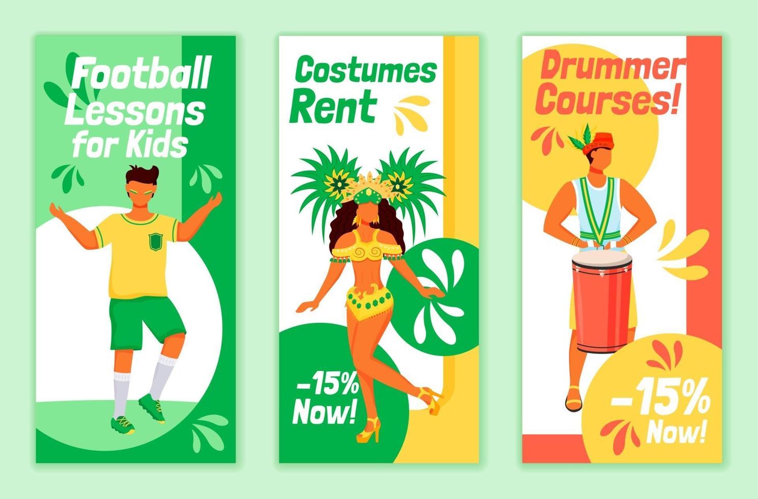 brasilianska karneval flygblad platt vektor mallar set. fotbollslektioner för barn utskrivbar broschyrdesignlayout. kostymer hyra. trummis kurser reklam vertikala banner, berättelser om sociala medier