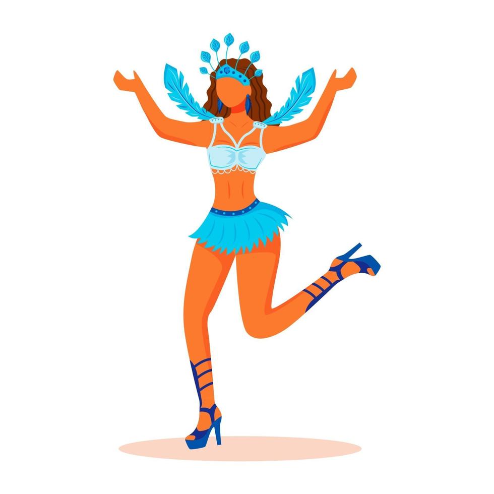 Samba-Tänzerin flacher Farbvektor gesichtsloser Charakter. Dame in blauer Karnevalskleidung mit Gefieder. Frau in Top und kurzem Rock isolierte Cartoon-Illustration für Webgrafikdesign und Animation and vektor