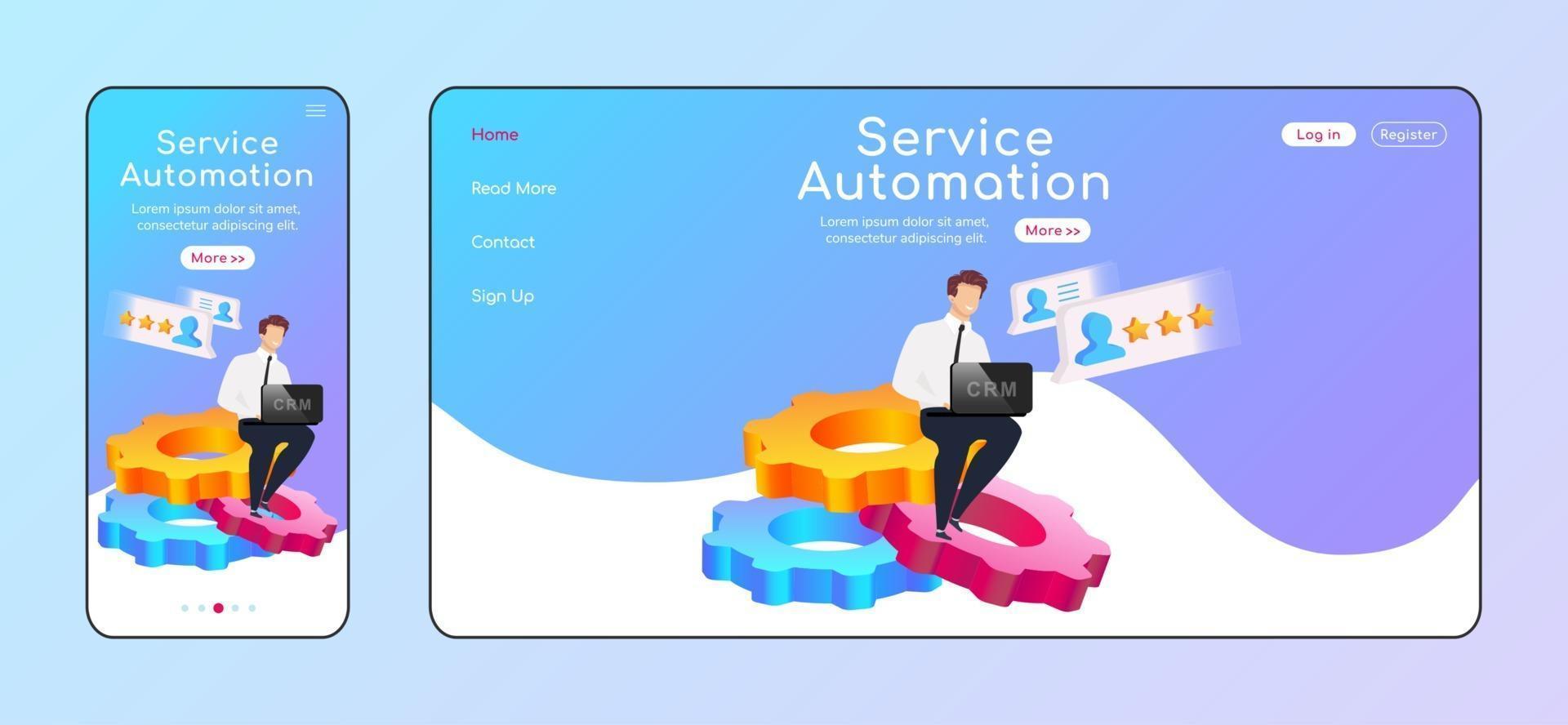 service automation anpassningsbar målsida platt färg vektor mall. manlig sittande på kugghjul mobil och pc-hemsidlayout. processförbättring av en sida webbplats ui. crm webbsida plattformsdesign