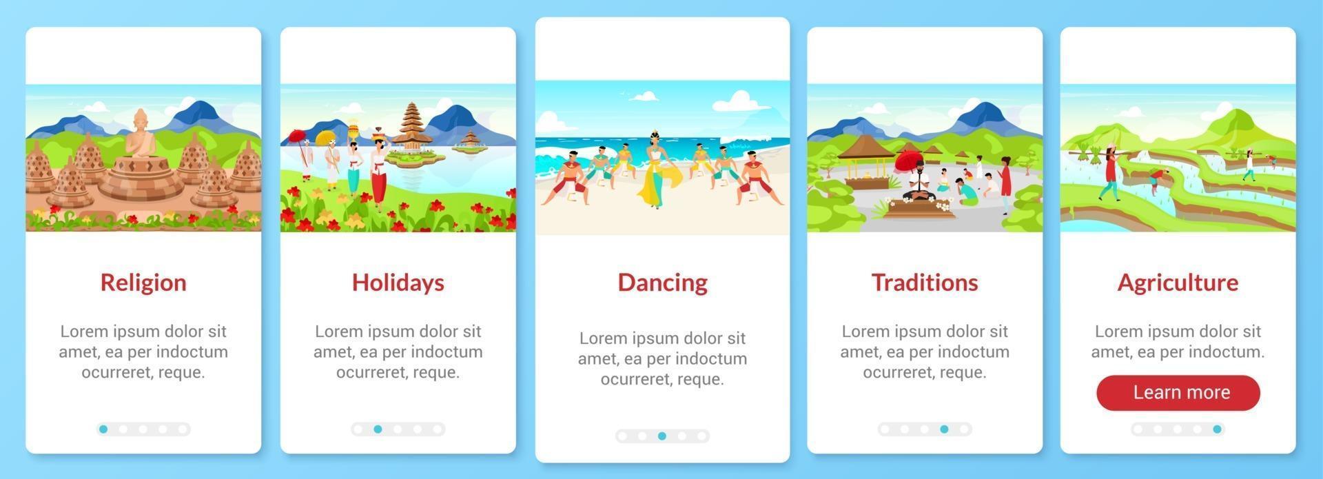 Indonesien Kultur Onboarding Mobile App-Bildschirmvektorvorlage. Sehenswürdigkeiten. Walkthrough-Website-Schritte mit flachen Zeichen. ux, ui, gui Smartphone-Cartoon-Schnittstellenkonzept vektor