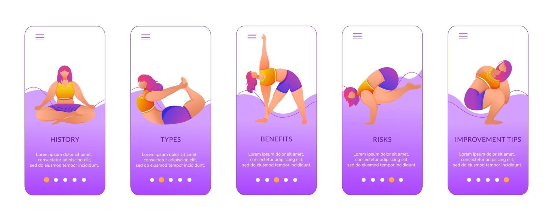 yoga fördelar ombord mobil app skärm vektor mall. övningar och poser. kroppskänslig kvinna. genomgång webbplatssteg med platta karaktärer. ux, ui, gui smartphone tecknad gränssnittskoncept