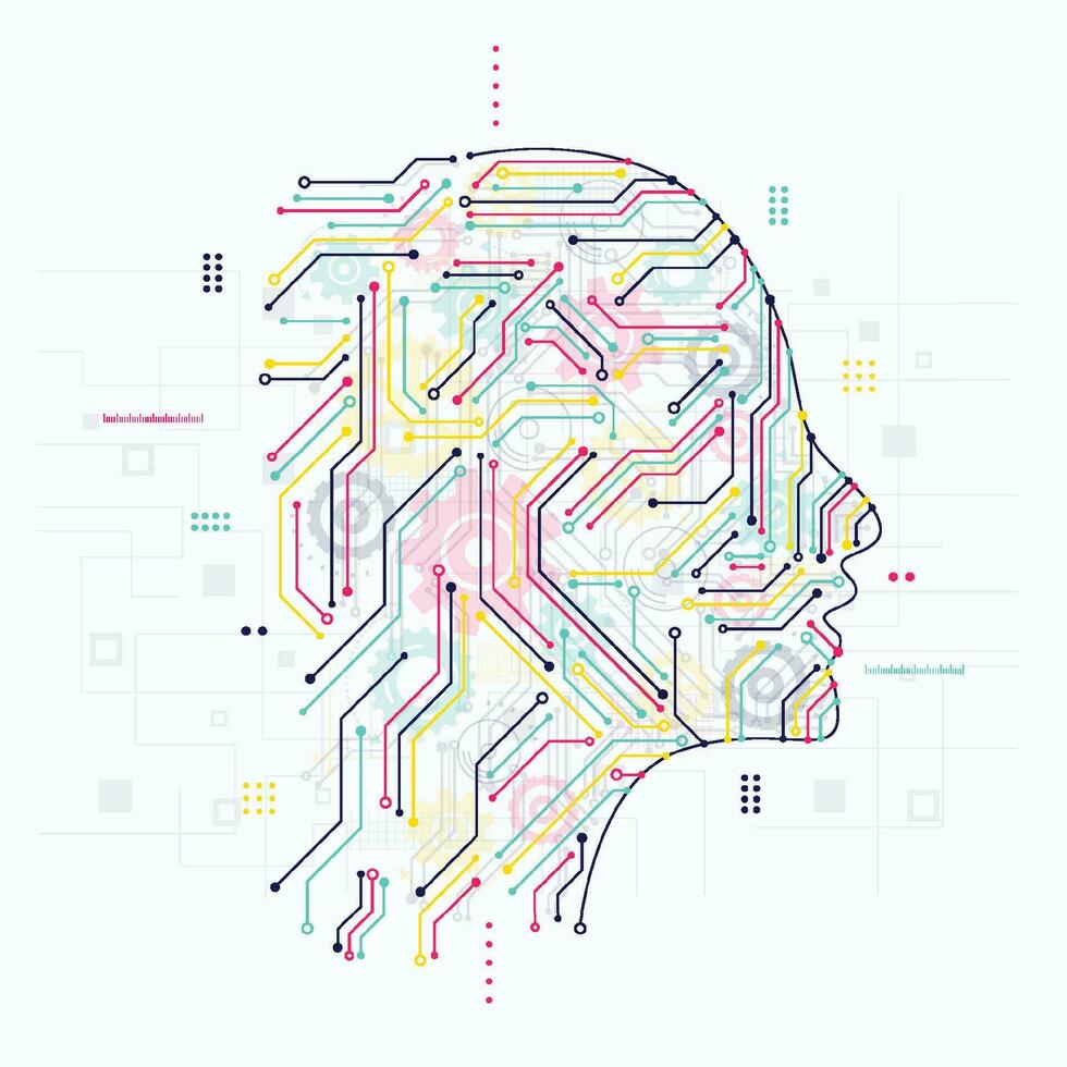 künstlich Intelligenz geometrisch Mensch Kopf Gliederung mit Schaltkreis Tafel. Technologie und Ingenieurwesen Konzept Hintergrund. chatgpt und ai. Vektor Illustration