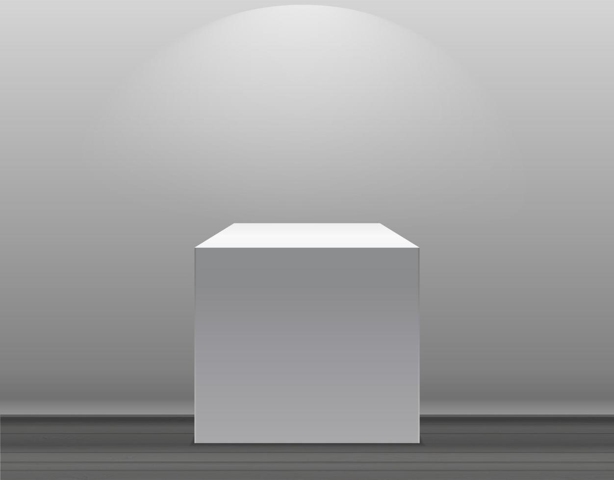utställningskoncept, vit tom låda, stativ med belysning på grå bakgrund. mall för ditt innehåll. 3d vektorillustration vektor