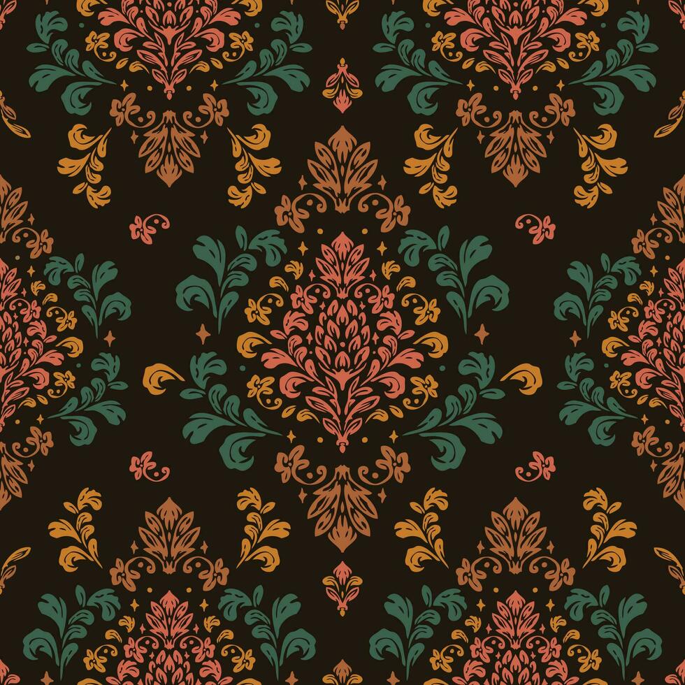 grön, orange, rosa, guld, damast- sömlös mönster bakgrund. klassisk lyx gammal fashioned damast- prydnad, kunglig victorian sömlös textur vektor