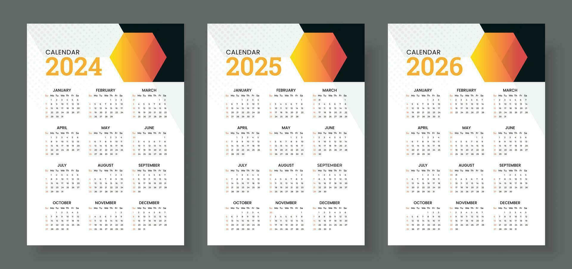 Kalender 2024, Kalender 2025 und Kalender 2026, Woche Start Sonntag, korporativ Design Planer Vorlage. Mauer Kalender im ein minimalistisch Stil vektor