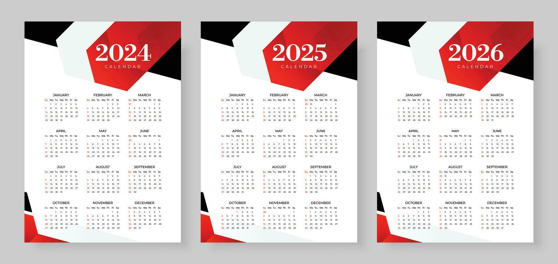 2024, 2025 och 2026 kalender uppsättning, vecka Start söndag, enkel vertikal kalender design mall. företags- design planerare mall. vägg kalender i en minimalistisk stil vektor