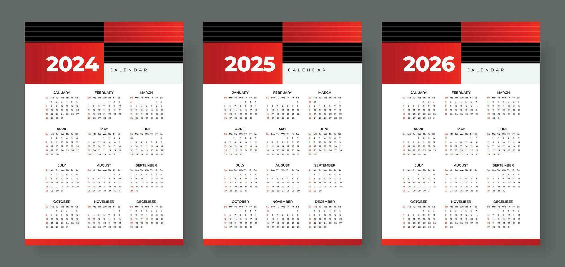 2024, 2025 und 2026 Kalender Satz, Woche Start Sonntag, einfach Vertikale Kalender Design Vorlage. Mauer Kalender im ein minimalistisch Stil. korporativ Design Planer Vorlage vektor