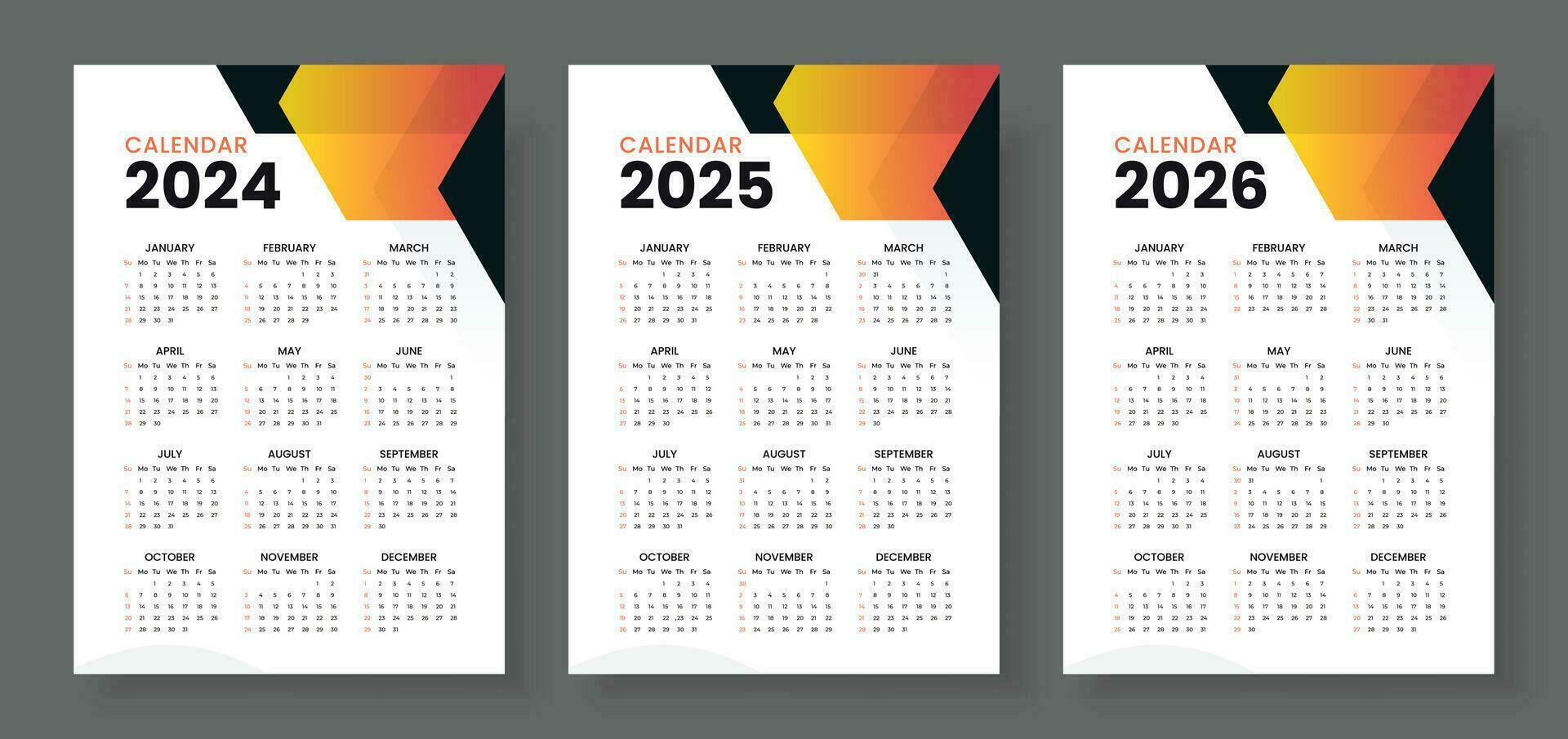 Kalender 2024, Kalender 2025 und Kalender 2026, Woche Start Sonntag, korporativ Design Planer Vorlage. Mauer Kalender im ein minimalistisch Stil vektor