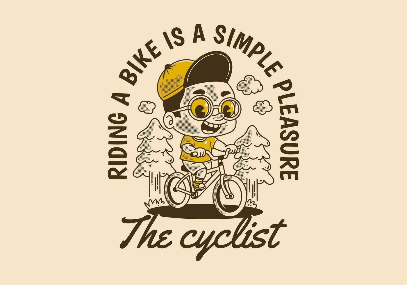 das Radfahrer, Reiten ein Fahrrad ist ein einfach Vergnügen. retro Illustration von ein Junge Reiten Fahrrad, Kiefer Bäume vektor