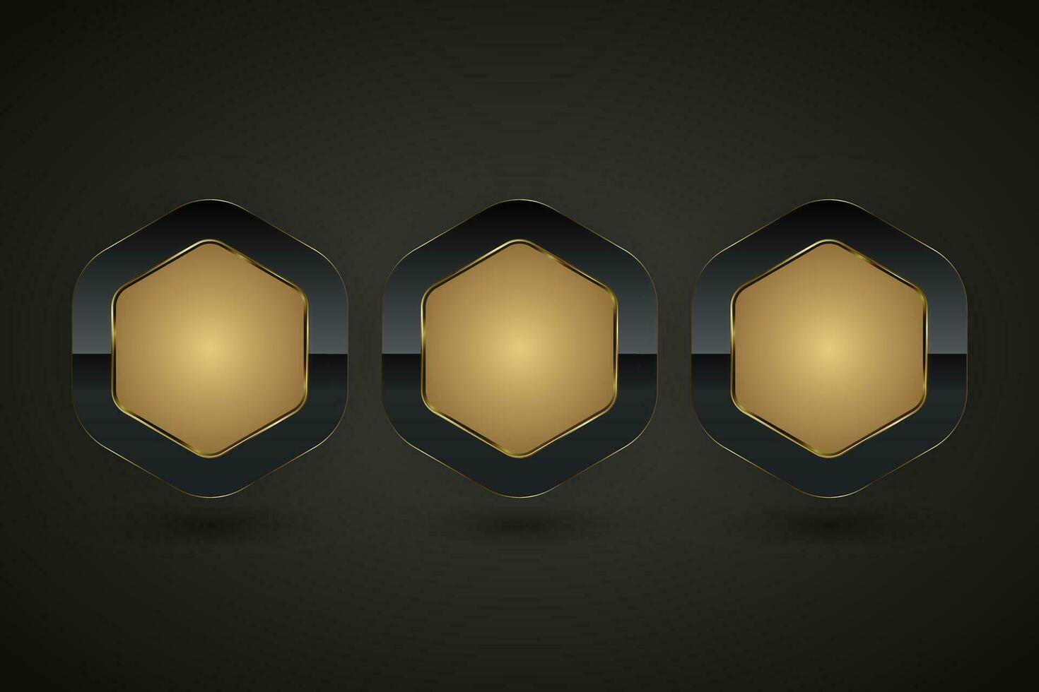 tre lyx knappar av sexhörning former med gyllene ram vektor illustration. premie realistisk isolerat hemsida element, gyllene glansig etiketter