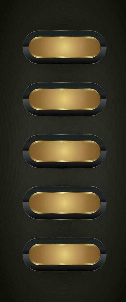 uppsättning av fem premie knappar design, vektor illustration design på mörk bakgrund mallar med lyx webb glansig användare gränssnitt, svart guld banderoller och knappar