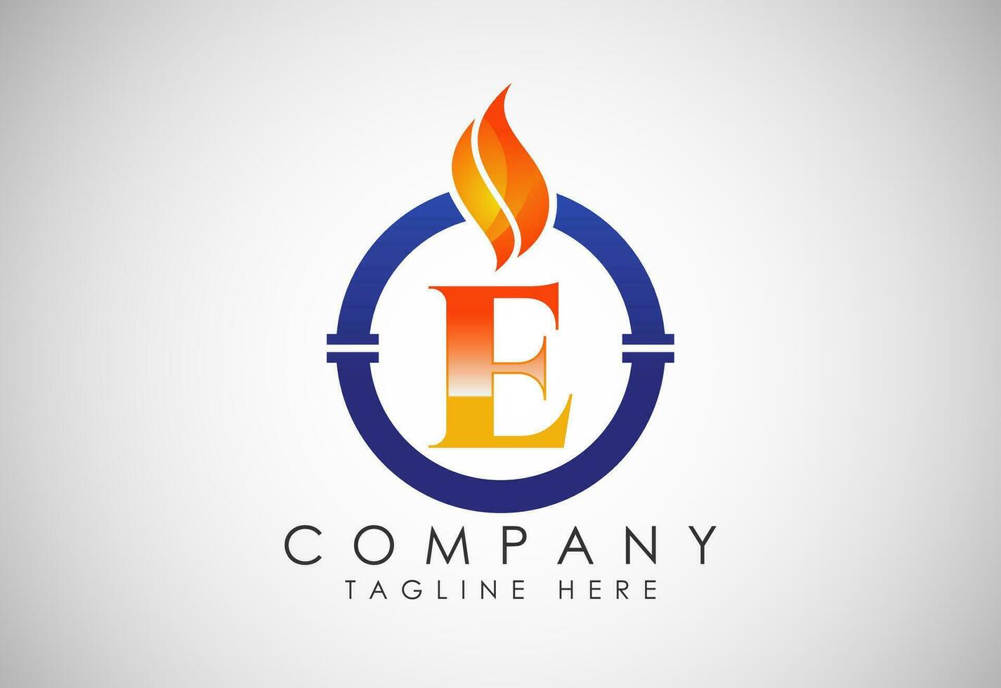 Englisch Alphabet e mit Feuer Flamme und Rohr. Öl und Gas Industrie Logo Design Konzept. vektor