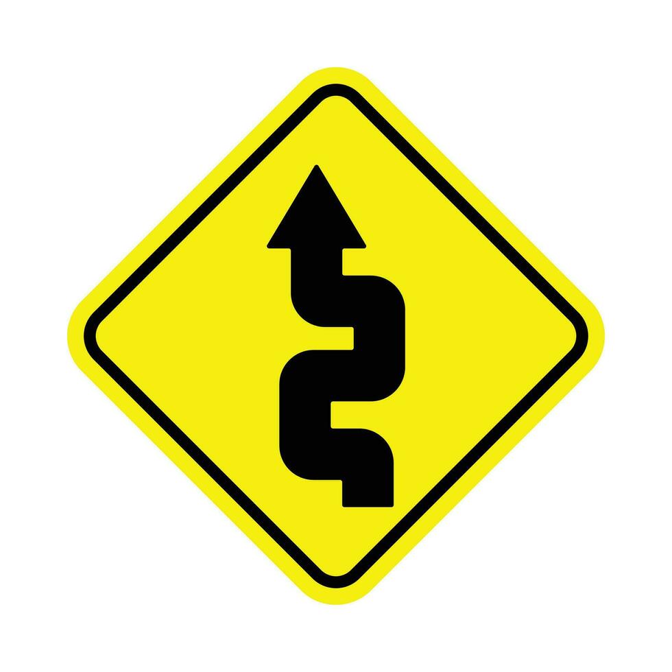 Vektor Wicklung der Verkehr Straße Zeichen, viele Biegungen. Gelb Hintergrund schwarz Design