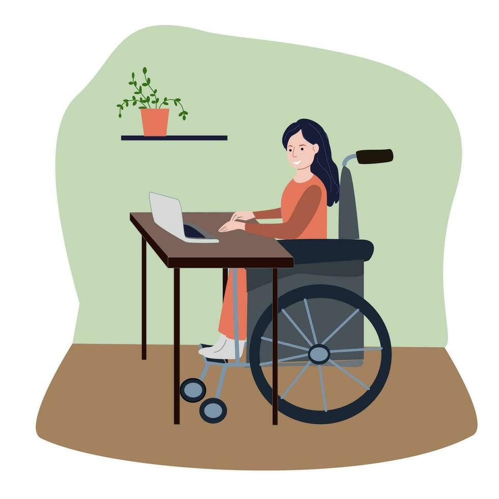 Frau im ein Rollstuhl Arbeiten entfernt Konzept von Inklusivität. Vektor Illustration im ein eben Stil