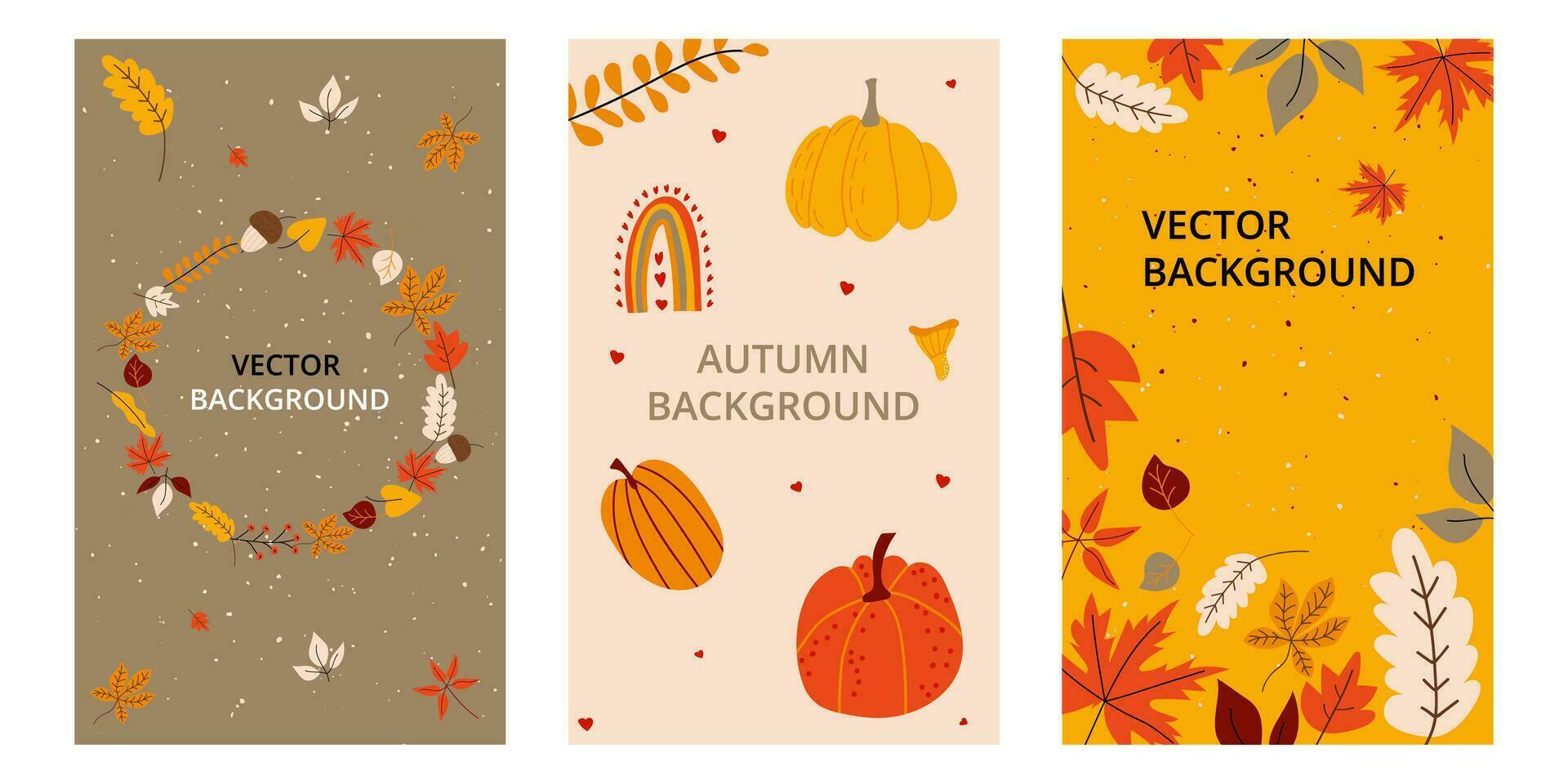 Sammlung von süß Herbst Postkarten. das Erntedankfest. schön fallen Vorlagen von Flyer, Gruß Karten. Kürbisse, Blätter, Herbst Farben. Vektor Illustration, Hand gezeichnet Stil.