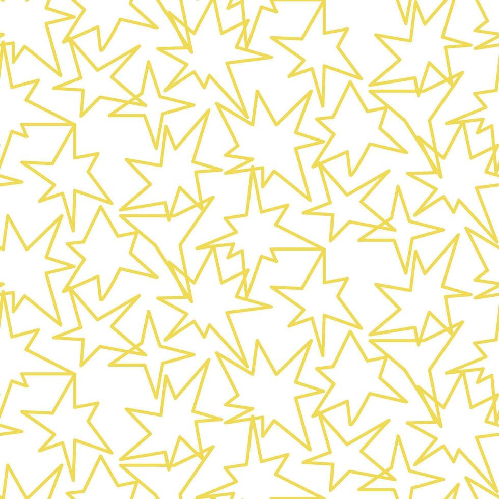 nahtlos Muster im das bilden von Gelb Sterne von verschiedene Formen. hell Funken und Umrisse von blitzt, ähnlich zu Feuerwerk auf ein Weiss, glühen. flackern Blendung, glühen, Licht Wirkung, hell Blitz vektor