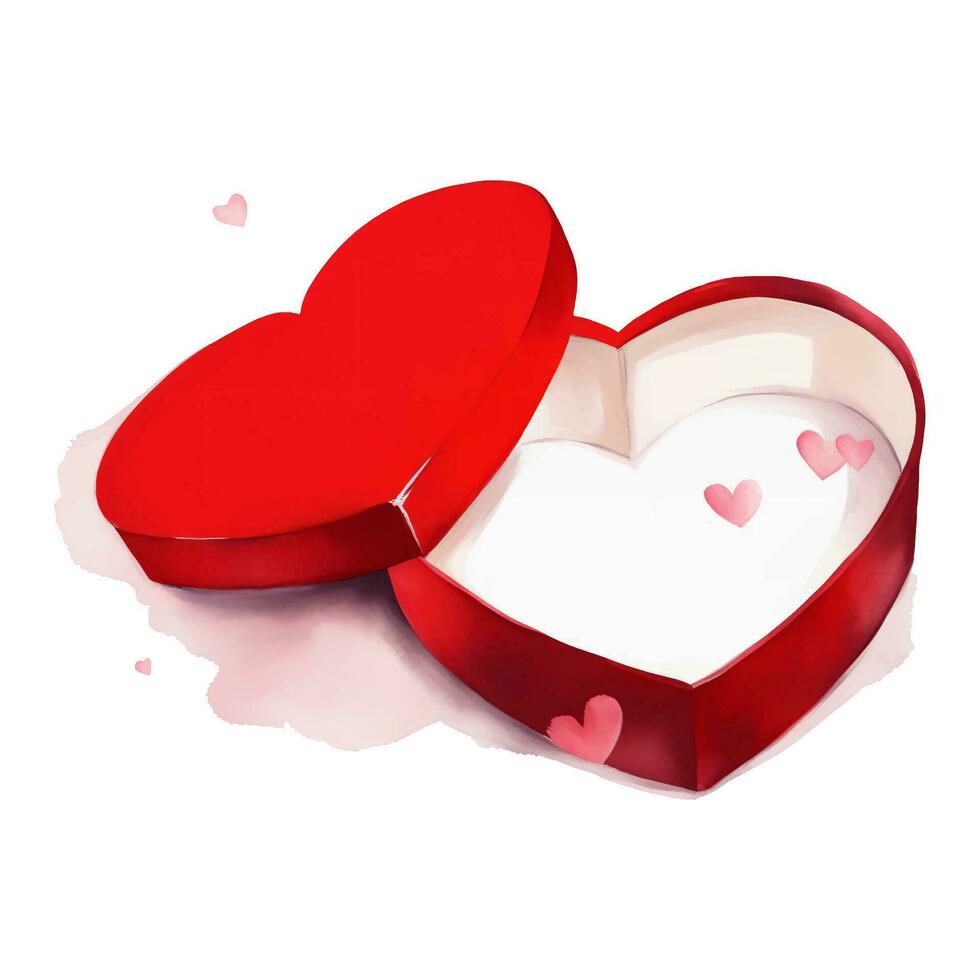 öppnad röd kärlek formad pris- låda eller gåva låda isolerat hand dragen vattenfärg målning illustration vektor
