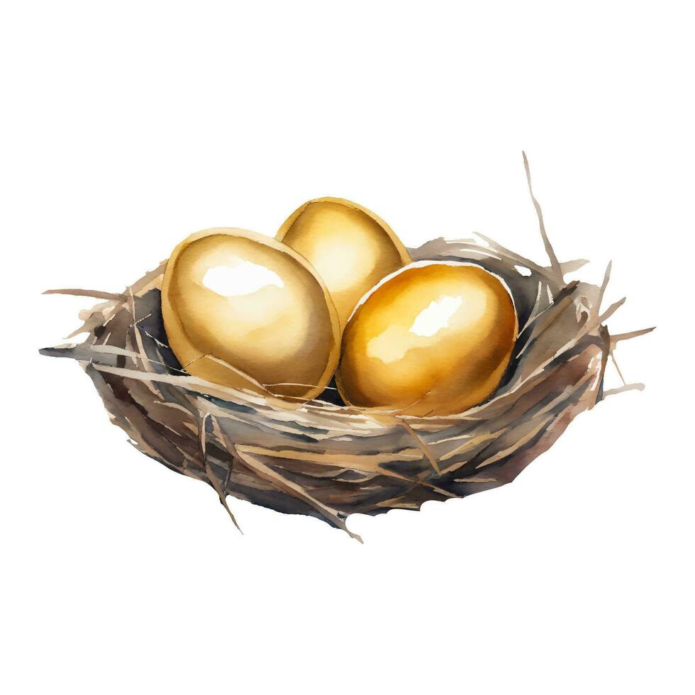 gyllene ägg i de bo isolerat hand dragen vattenfärg målning illustration vektor