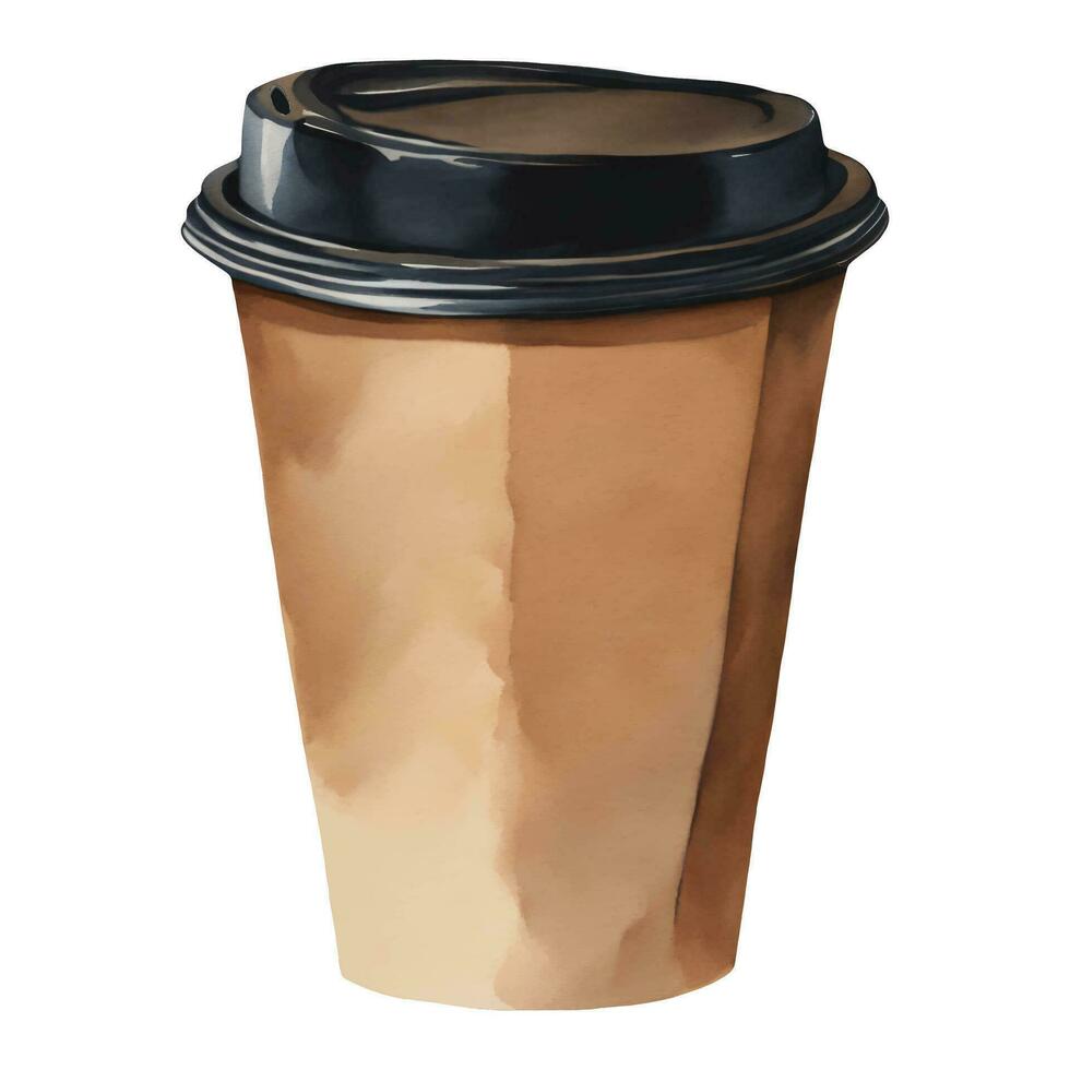 brun kaffe papper kopp med svart lock isolerat hand dragen vattenfärg målning illustration vektor