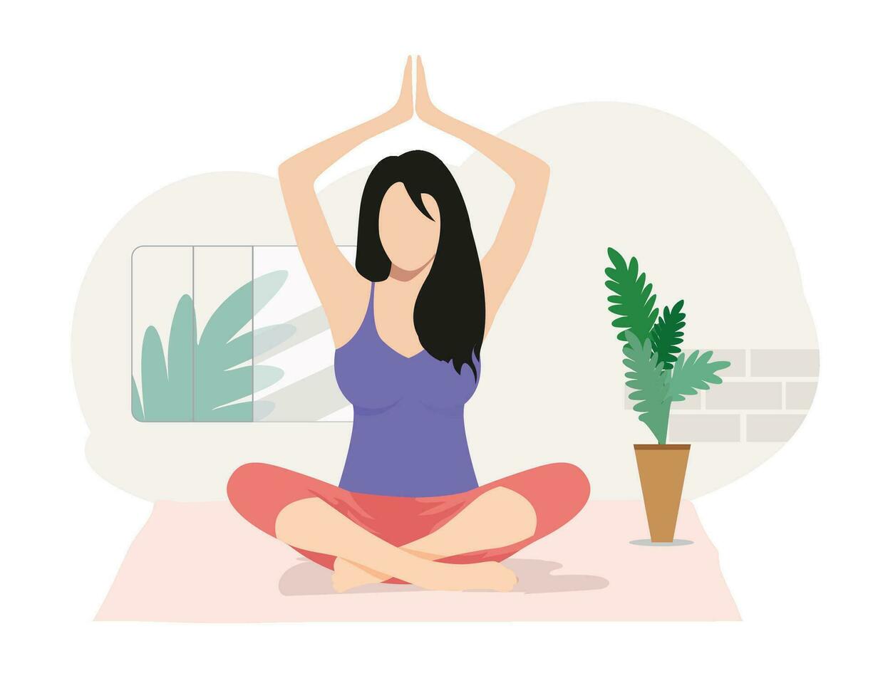 Frau üben Sukhasana Pose oder namaste Padmasana Pose Yoga, Yoga Asana Vektor Illustration