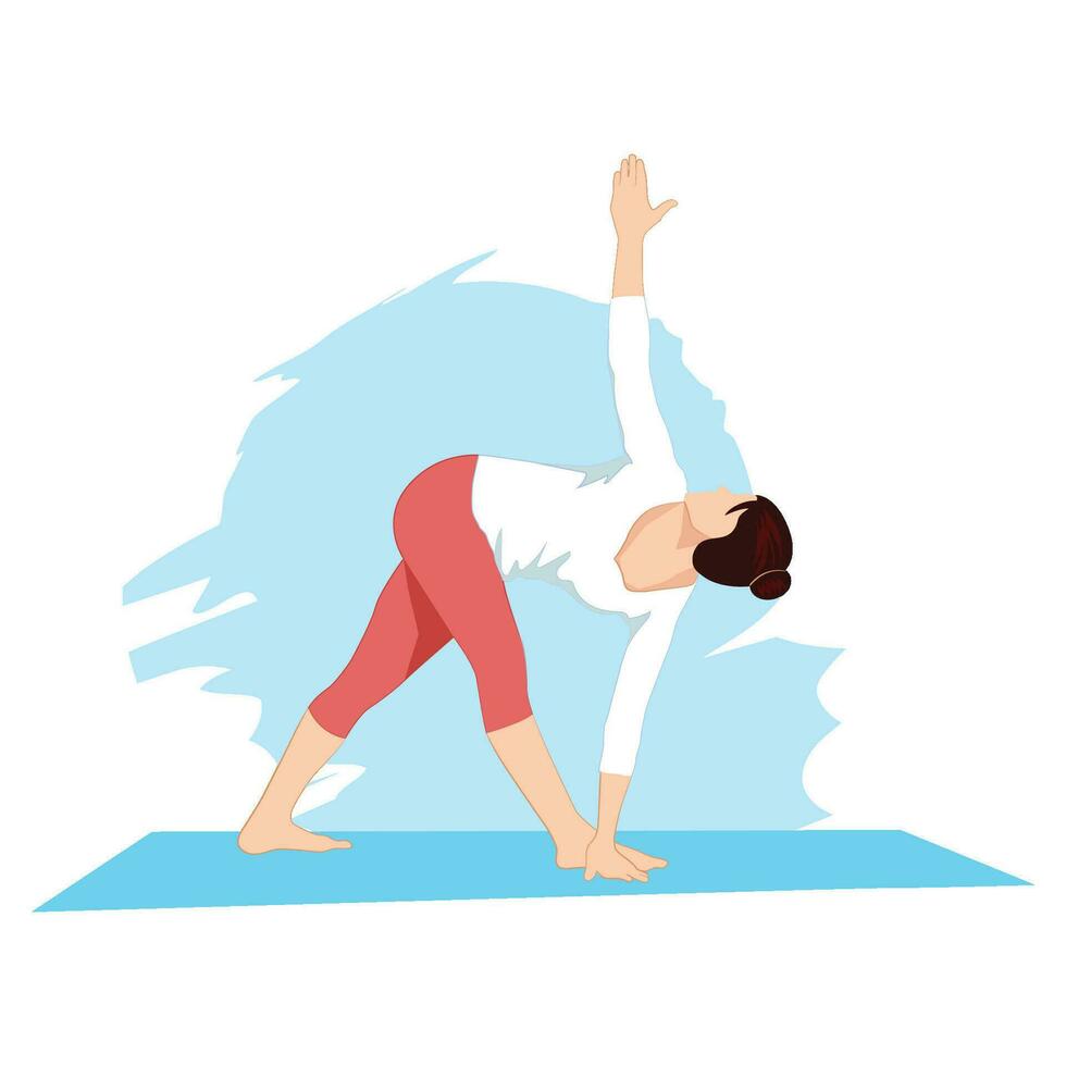 kvinna håller på med trikonasana, triangel yoga motion vektor