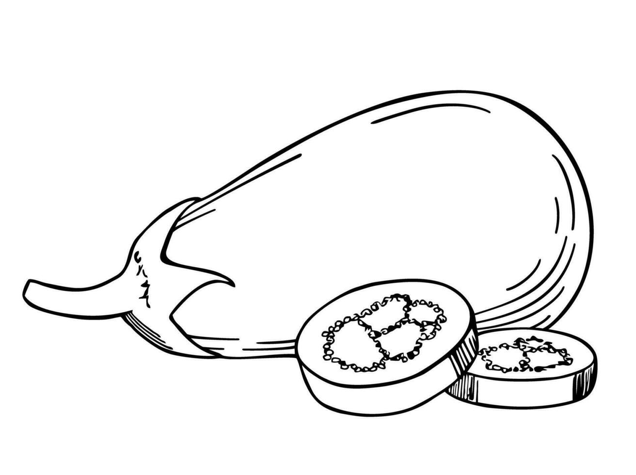 Hand gezeichnet Aubergine und ein Scheibe. schwarz und Weiß Aubergine skizzieren. Vektor Illustration, isoliert auf ein Weiß Hintergrund. Bauernhof frisch ökologisch Gemüse Kunstwerk. Abzeichen Gemüse im das alt Tinte Stil