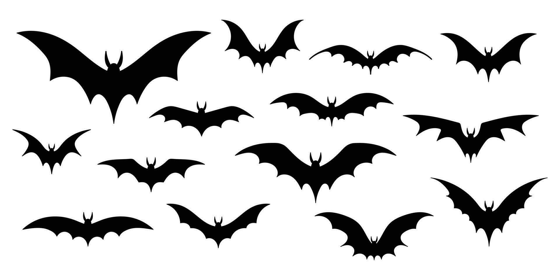 fladdermus silhuetter. isolerat svart fladdermöss, vampyr grafisk symboler uppsättning. fruktansvärd skrämmande propert dekorativ stencil för skärande, vektor knippa