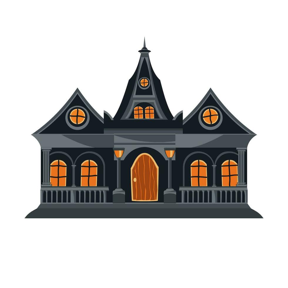 gespenstisch grau Halloween Haus mit Laternen beim das Eingang, Orange Fenster und Vorderseite Tür. Karikatur die Architektur im eben Stil. Vektor Illustration.