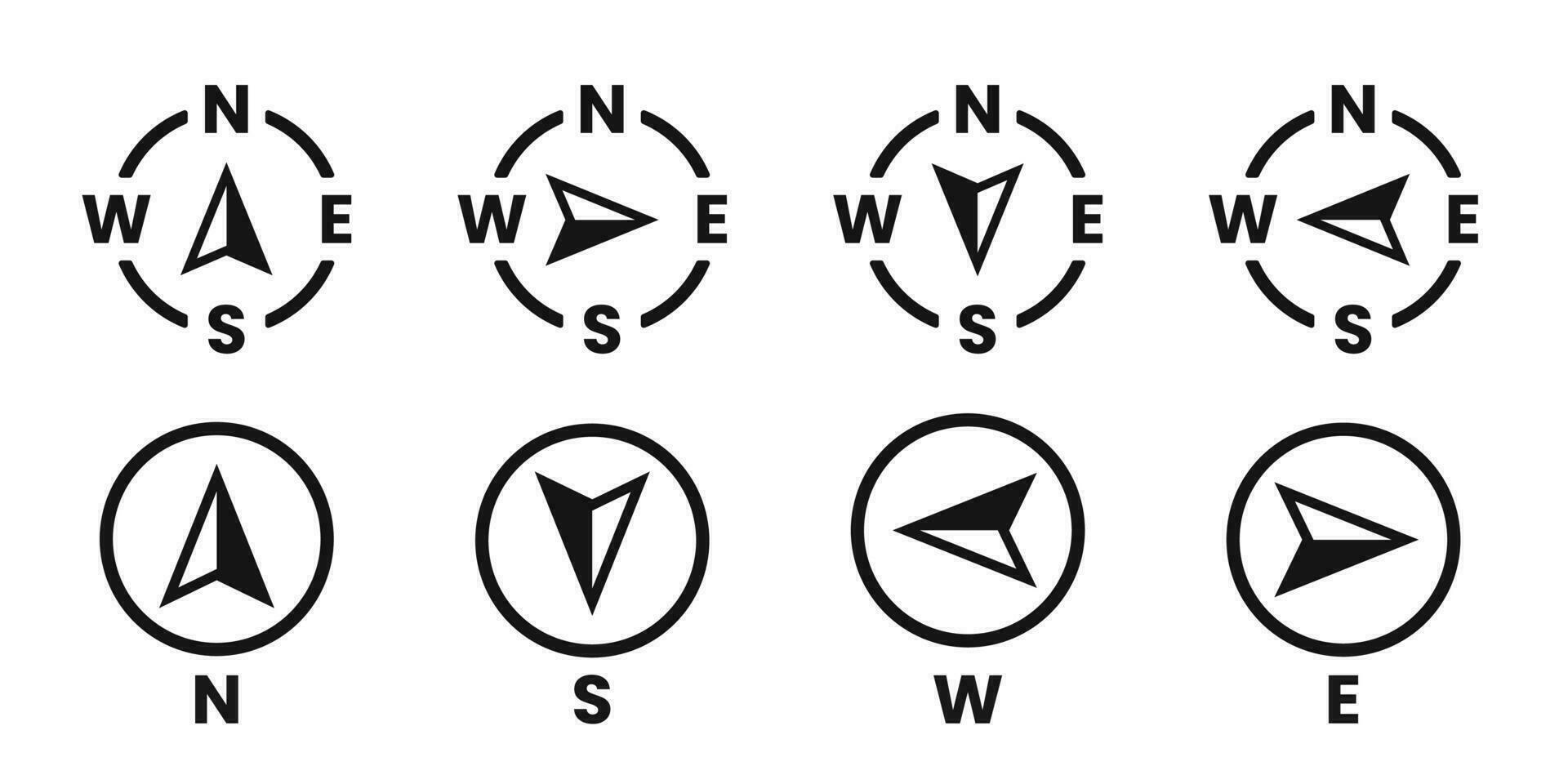 vektor kompass ikoner av norr, söder, öster, och väst riktning. Karta symbol. pil ikon.