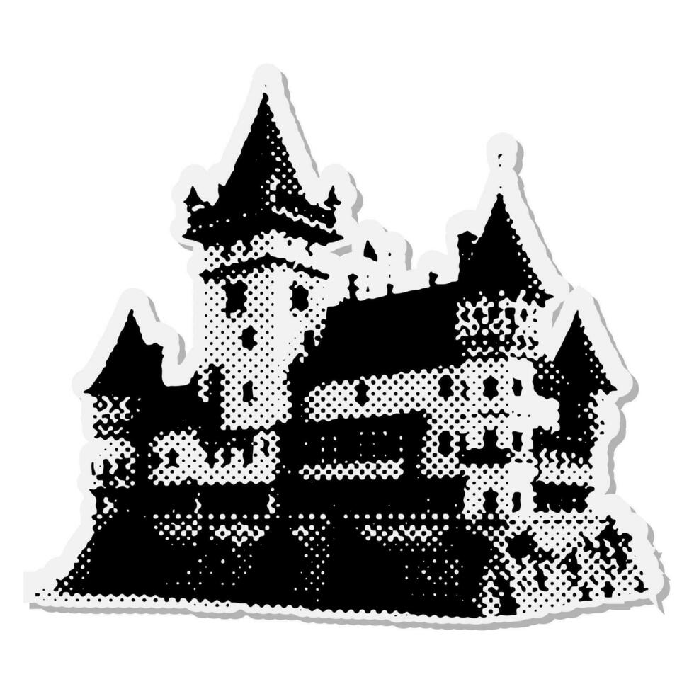 draculas olycksbådande slott- halloween halvton blandad media collage papper klistermärke. prickad årgång illustration i 90s zine papper bit stil. vektor