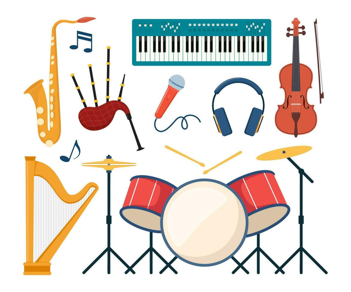 musikalisk instrument, uppsättning av ikoner. gitarr, synthesizer, fiol, cello, trumma, cymbaler, saxofon, säckpipa, tamburin. vektor illustration.