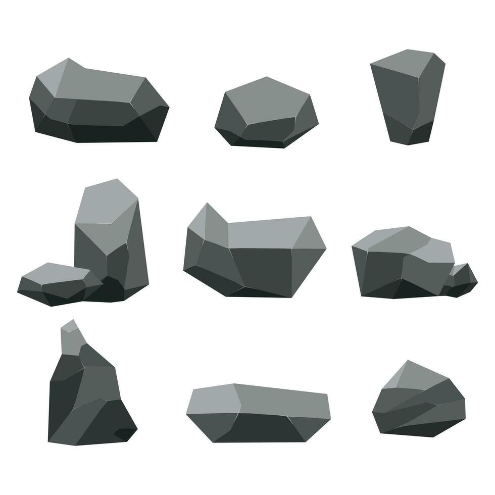 Felsen einstellen Illustration, Karikatur Stil. Steine Felsen Material, isometrisch 3d eben Stil. Sammlung von Granit, Felsblock, Kopfsteinpflaster Vektor Illustration