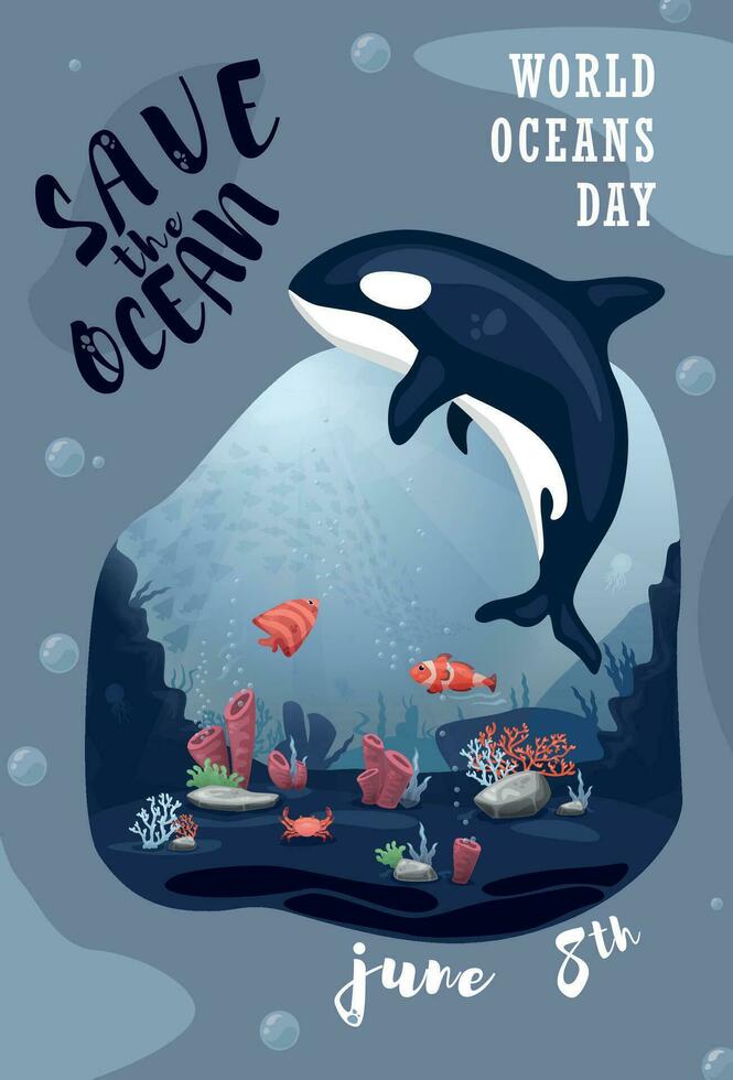 värld hav dag. vektor tecknad serie illustration med med de under vattnet värld. mördare val, krabba, fisk, växter, koraller, stim av fisk. redo bild för social media som en baner, bakgrund, vykort
