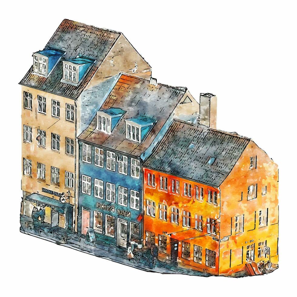 Kopenhagen Dänemark Aquarell Hand gezeichnet Illustration isoliert auf Weiß Hintergrund vektor