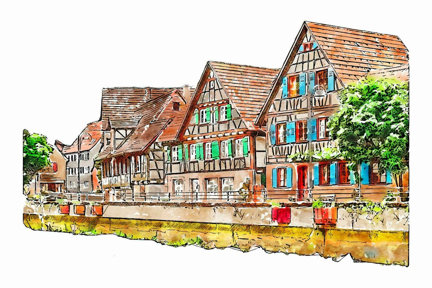 schiltach schwarzwald vattenfärg hand dragen illustration isolerat på vit bakgrund vektor