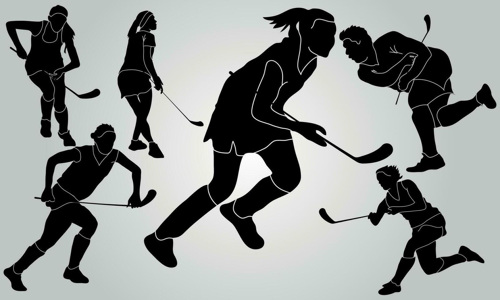 vektor hockey spelare pinne fält uppsättning av silhuetter