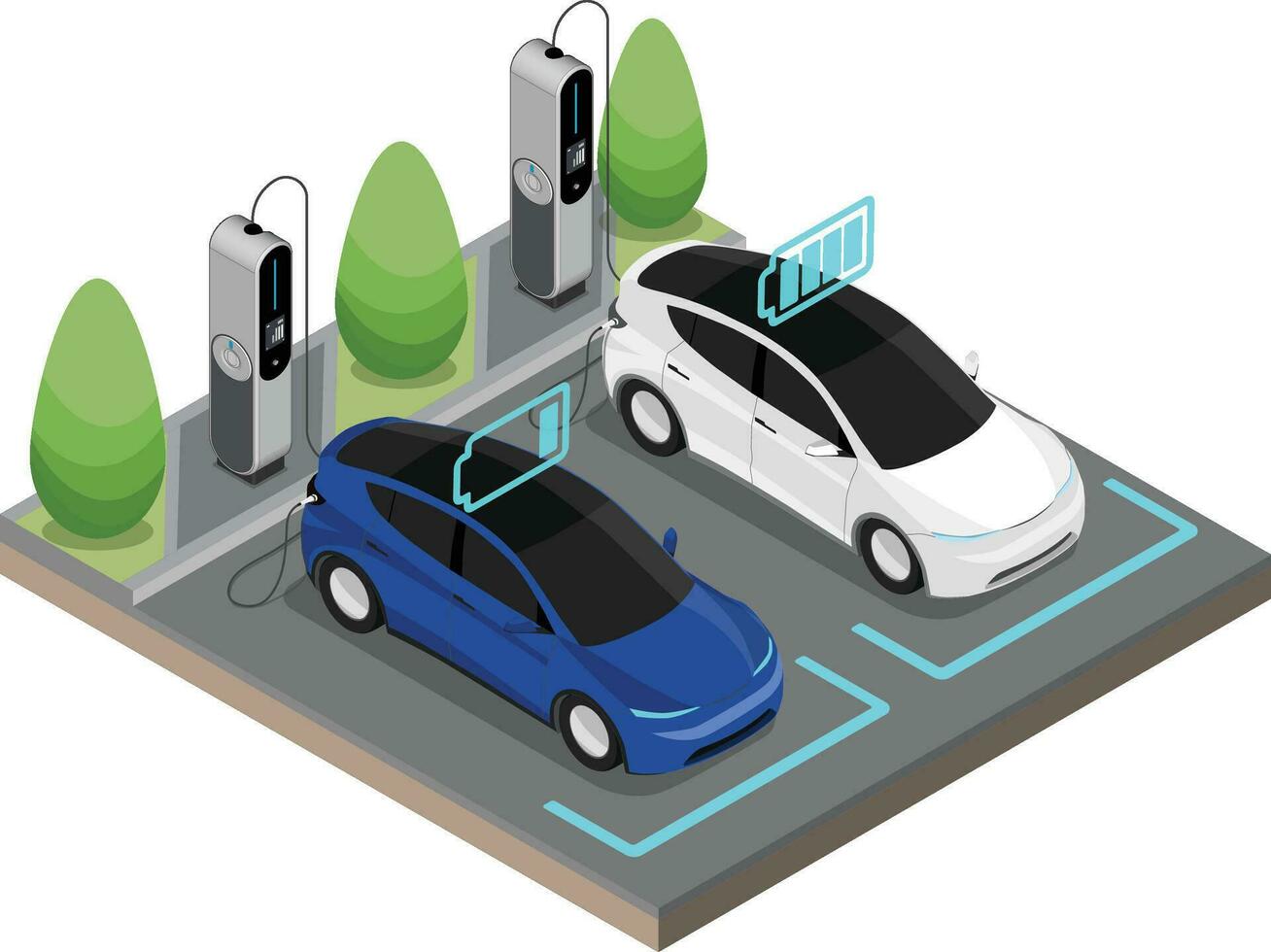 två ev elektrisk bil sluta på laddning station ekologi skära inuti visa batteri begrepp isometrisk isolerat vektor