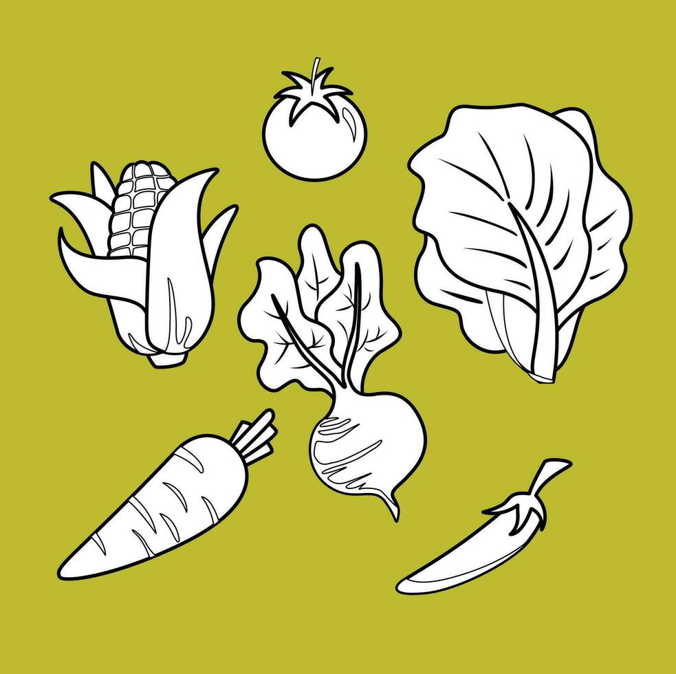 frisch Mais Karotte Chili Rettich Kohl Tomaten Gemüse Ernte Bauernhof Karikatur Digital Briefmarke Gliederung vektor