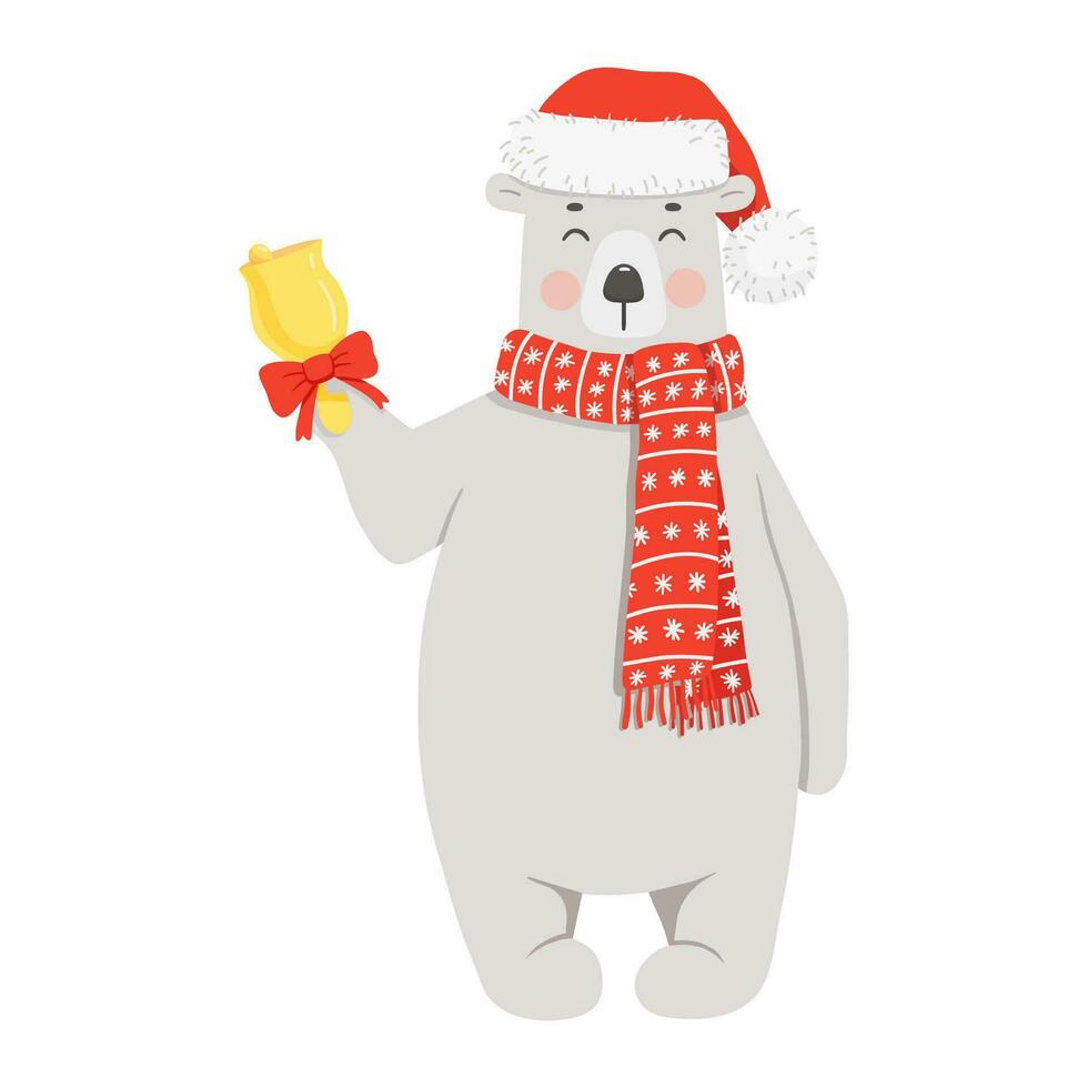 söt polär Björn i röd hatt, scarf med klocka. rolig vektor illustration för jul kort och affischer.