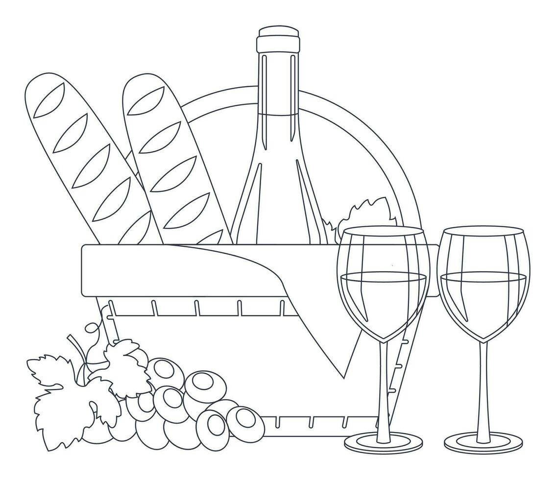 Flasche von Wein, Wein im Gläser, Baguette, Trauben und ein Picknick Korb. Lineart, Gliederung nur. Vektor Grafik.